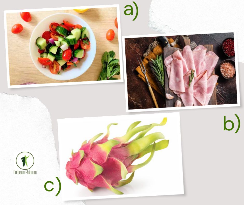 Ensalada mediterranea con jamón de york y pitaya tamaño puño.